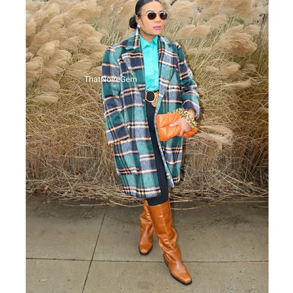 Plaid Green Brown Women Jacket Coat - Picture 2 of 3